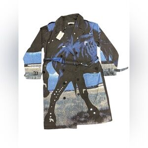 NWT Vale Forever Mns S Black Blue Doberman Horse Graphic Trench Coat Jacket